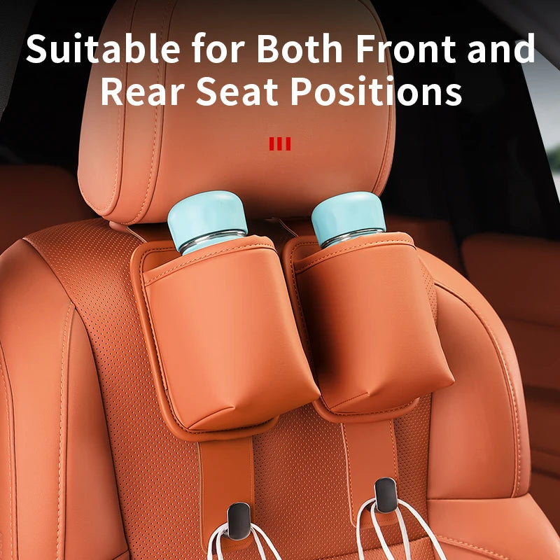 A brown car seat back organizer with blue headrest hangers shown in a vehicle interior.