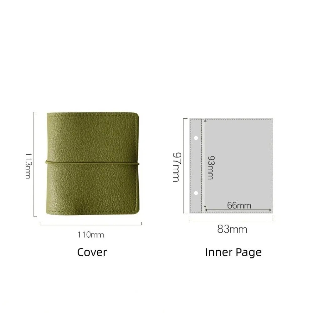 A green faux leather photo album cover and inner page with dimensions shown.