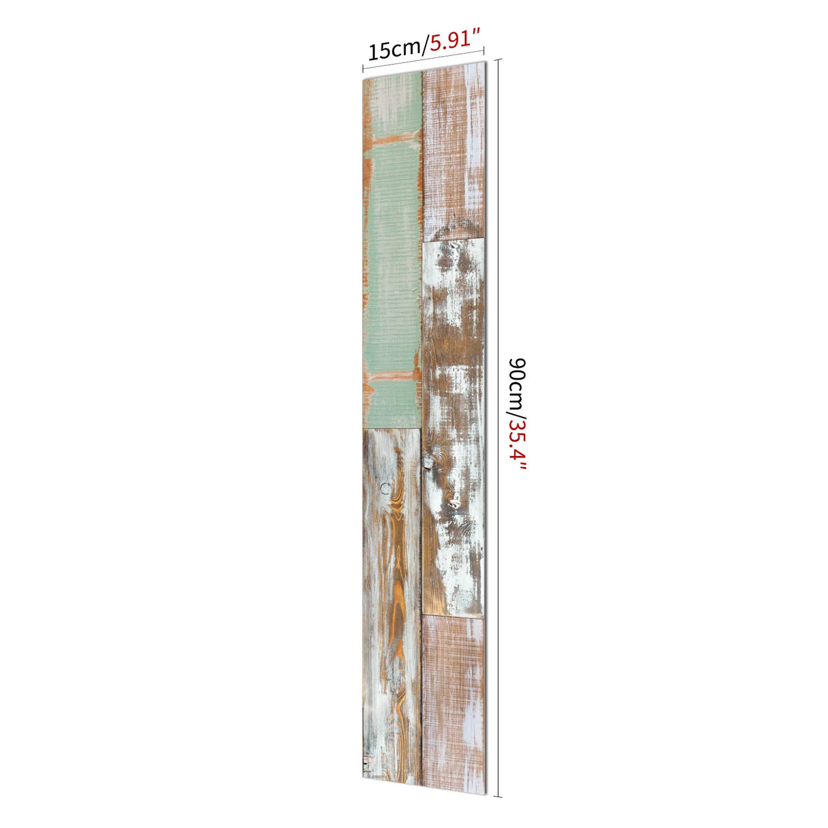 Vertical display of wood grain self-adhesive decals showing various weathered wood textures and colors.