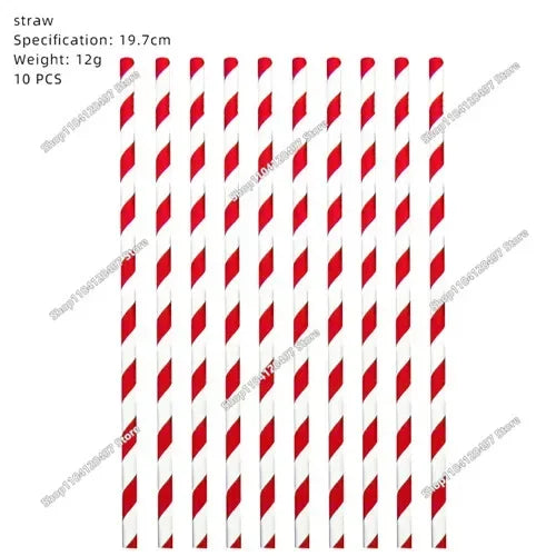 A set of 10 red and white striped straws for a happy birthday cake topper.