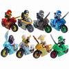 A collection of nine Golden Ninja building block figures in various colors and motorcycle designs.