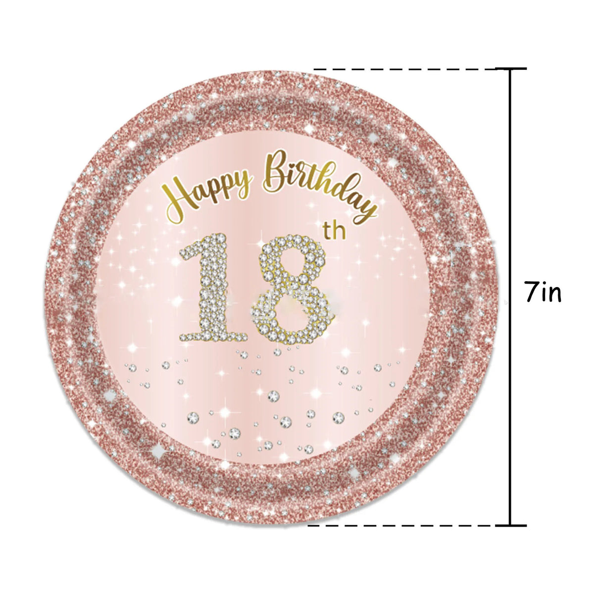 Rose gold glitter birthday plate with 'Happy Birthday 18th' text and diamond accents.