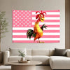 A vibrant movie-inspired tapestry featuring a large, orange chicken with green feathers against a pink and white American fla