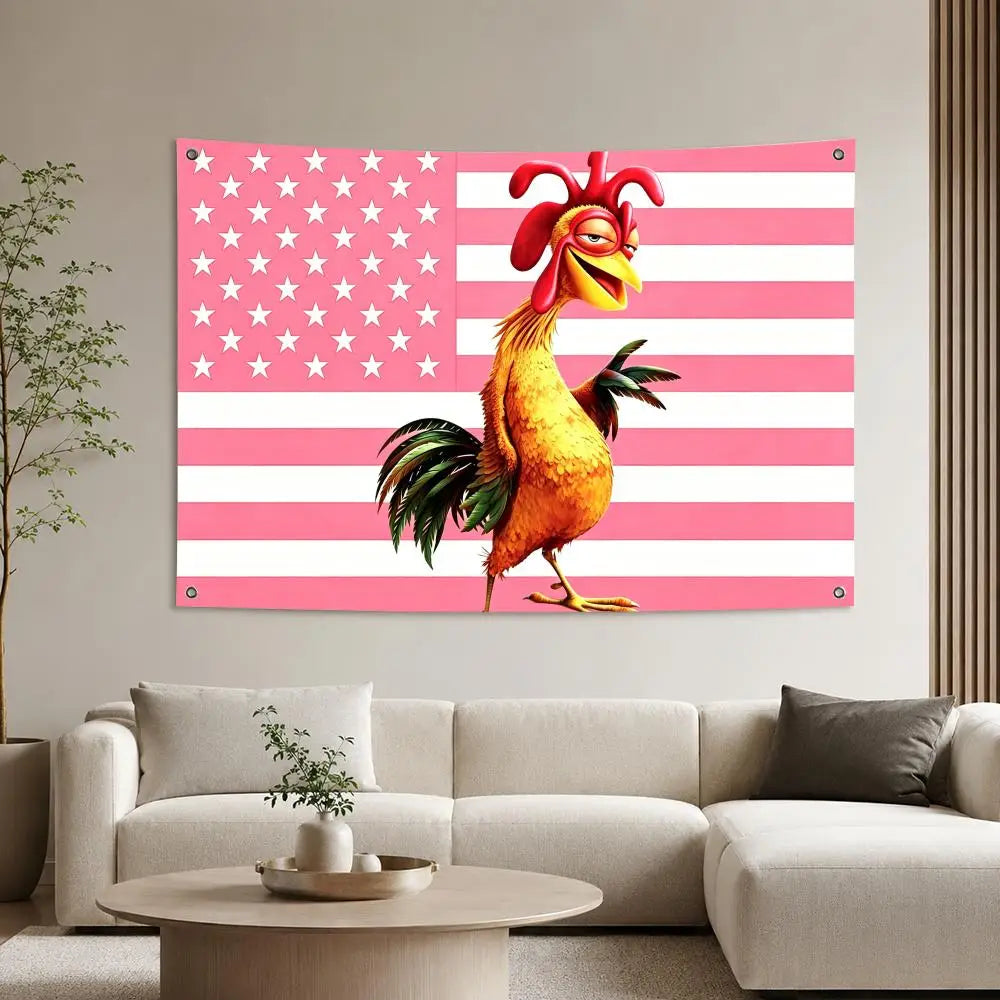 A vibrant movie-inspired tapestry featuring a large, orange chicken with green feathers against a pink and white American fla