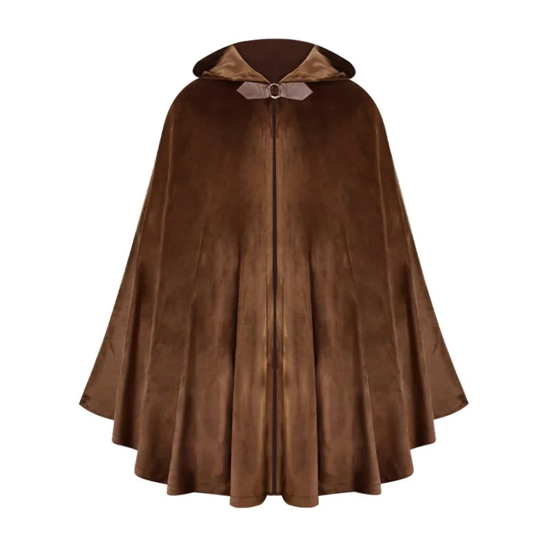 A rich brown velvet hooded cloak with a decorative bow collar.