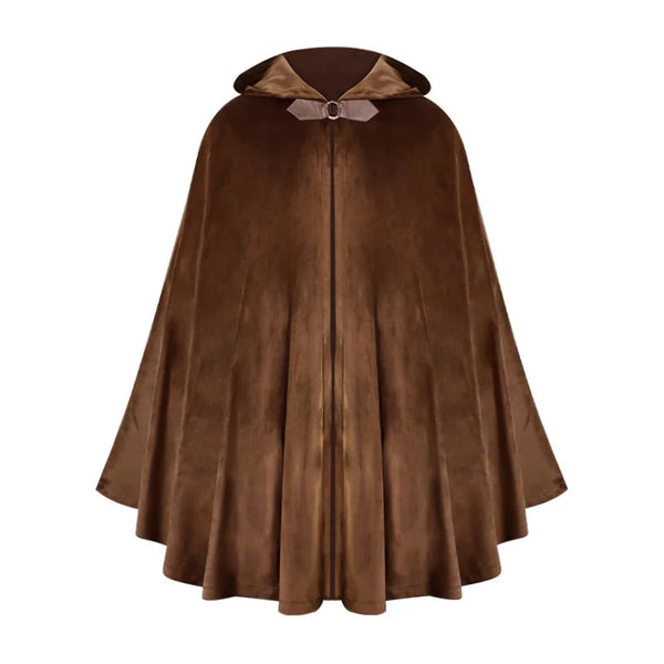 A rich brown velvet hooded cloak with a decorative bow collar.
