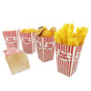 Several paper cups filled with yellow popcorn and corn kernels are displayed.