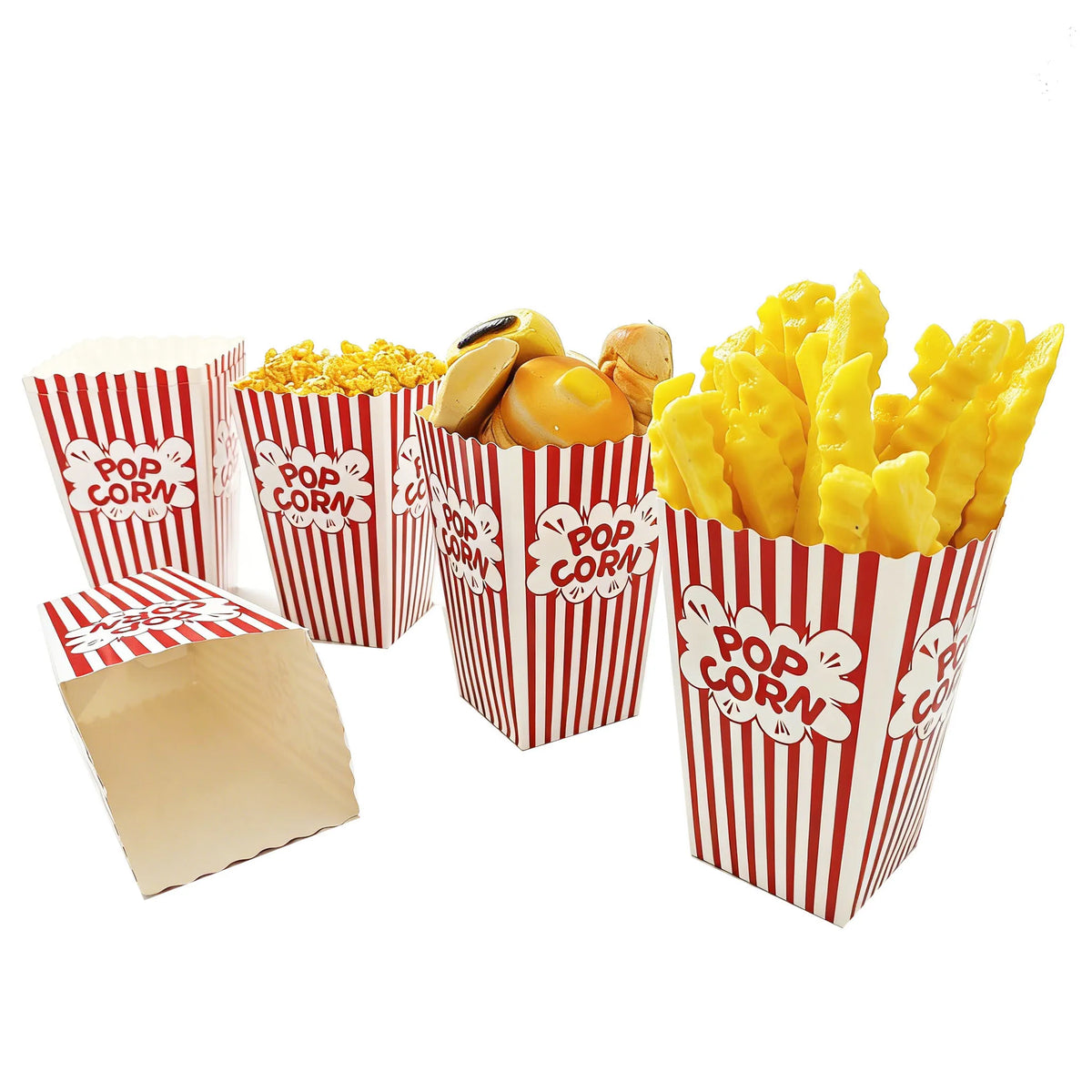Several paper cups filled with yellow popcorn and corn kernels are displayed.