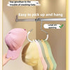 A rack displaying various colored hats and bags hanging from a round multi-purpose closet hook.