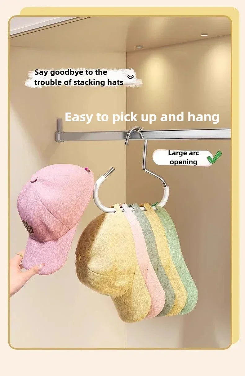 A rack displaying various colored hats and bags hanging from a round multi-purpose closet hook.
