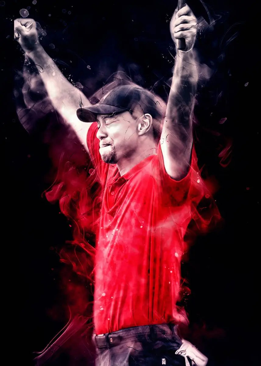 A portrait of Tiger Woods in a red shirt, raising his fist against a dark background with red smoke effects.