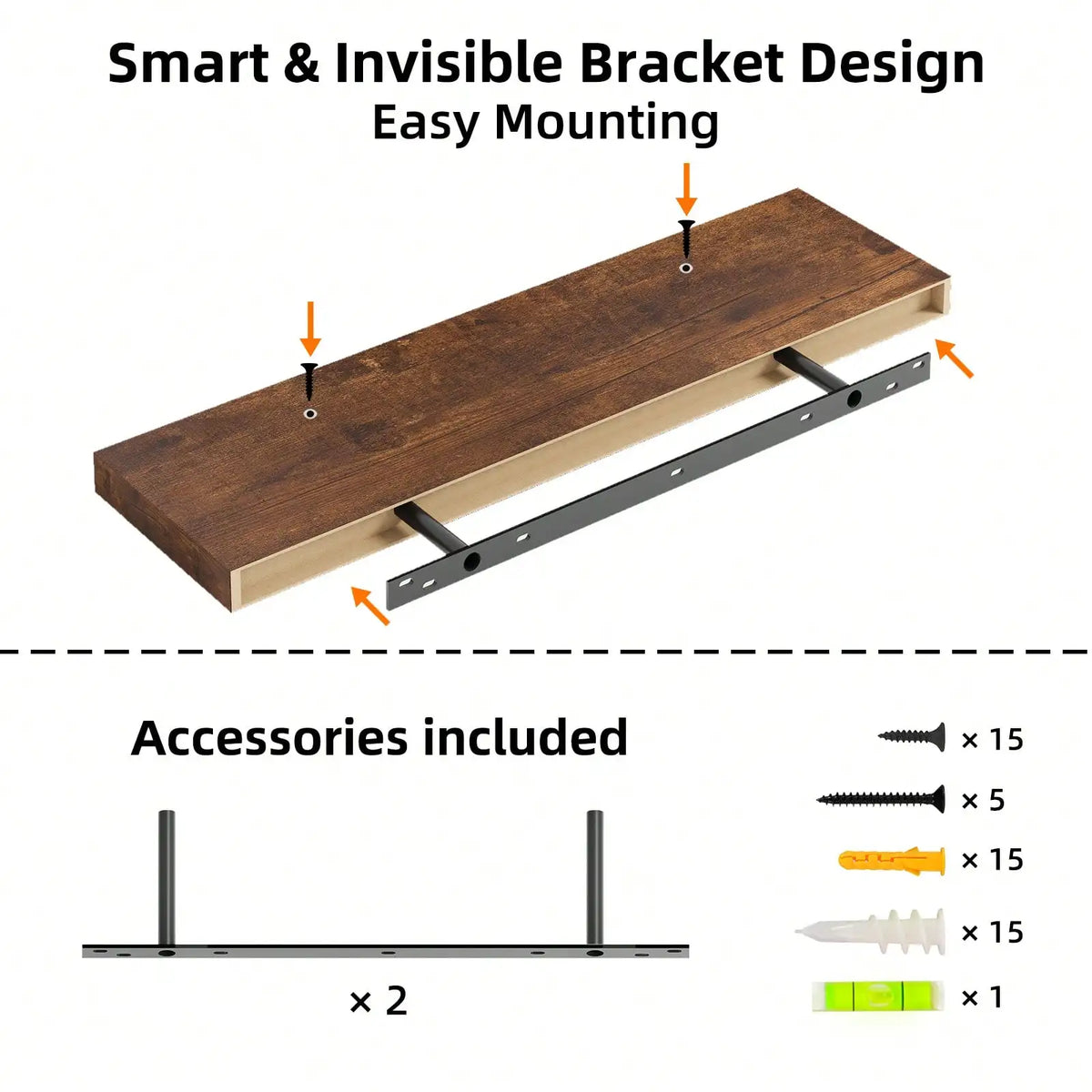 A wooden floating shelf with a metal bracket design and included hardware accessories.