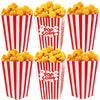 Four red and white striped popcorn boxes filled with yellow popcorn snacks.