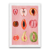 A watercolor painting featuring various cross-sections of fruits like apples, pears, and citrus slices on pink paper.