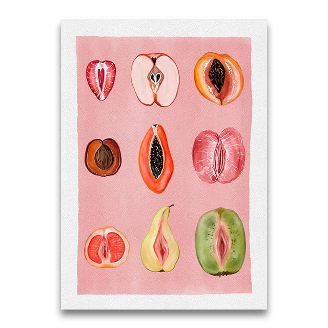 A watercolor painting featuring various cross-sections of fruits like apples, pears, and citrus slices on pink paper.