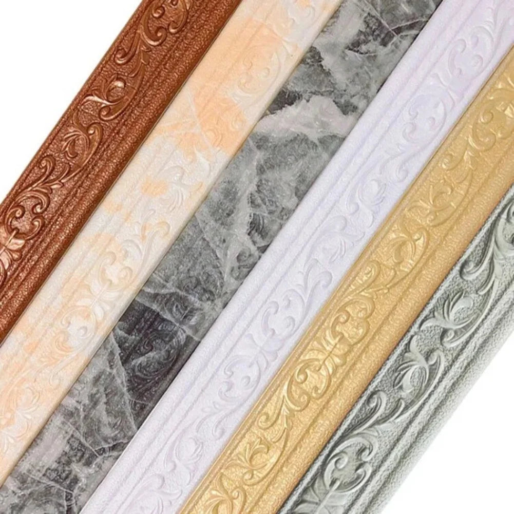 A close-up view of various 3D self-adhesive wall trim borders in gold, bronze, silver, and white finishes.
