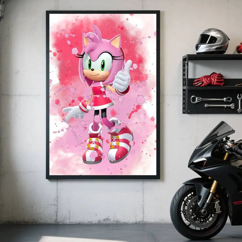 Anime-style movie poster of Sonic the Hedgehog 3 featuring a pink hedgehog character pointing.