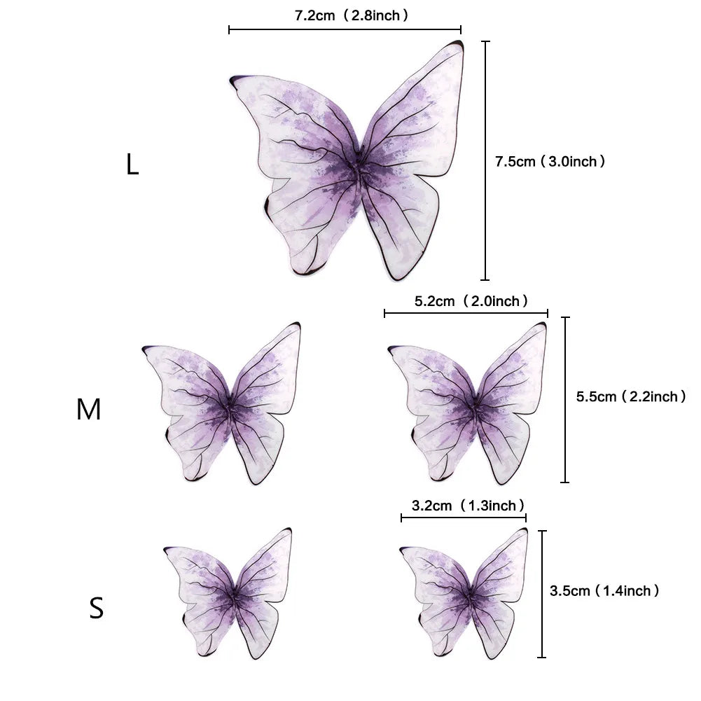 Three butterfly cake toppers in purple shades labeled L, M, and S with corresponding dimensions.