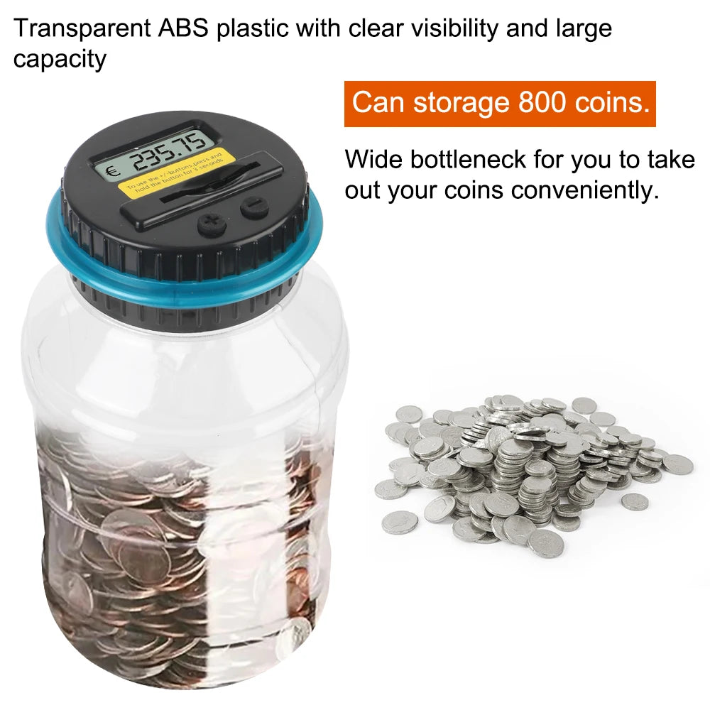 A transparent ABS plastic jar filled with coins, designed for storing 800 coins.