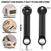 A black ergonomic jar and bottle opener set shown with various uses including hanging on a microwave, putting in drawers, and