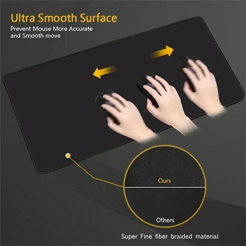 A black desk mat featuring a super fine fiber braided material designed to prevent mouse movement.