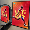 A vibrant wall art print featuring Lamine Yamal in a football action pose against a red background.