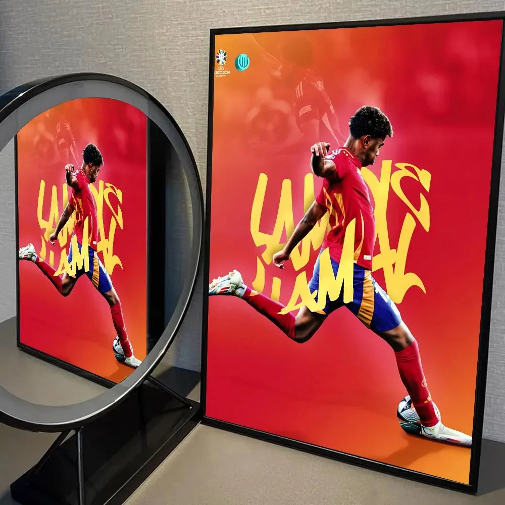 A vibrant wall art print featuring Lamine Yamal in a football action pose against a red background.