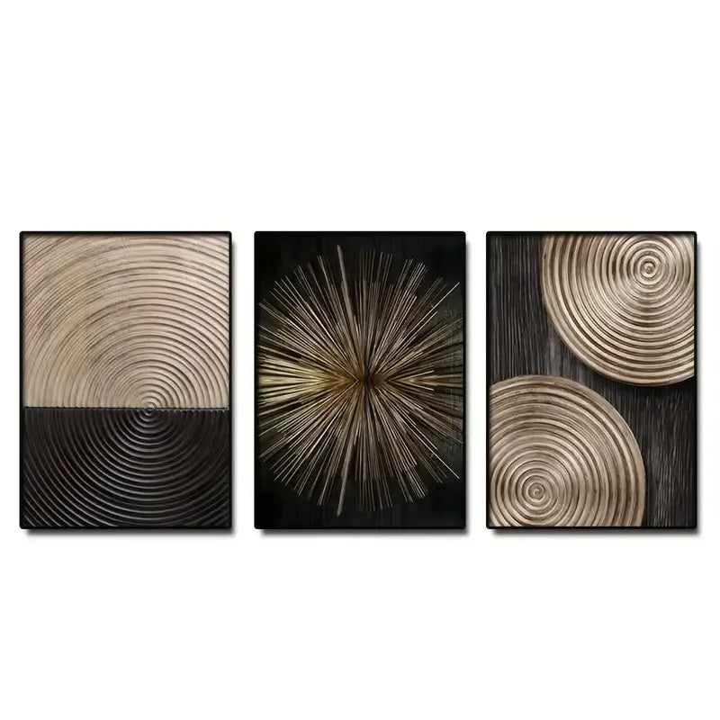A set of three abstract canvas prints featuring concentric wood grain patterns in natural and dark tones.