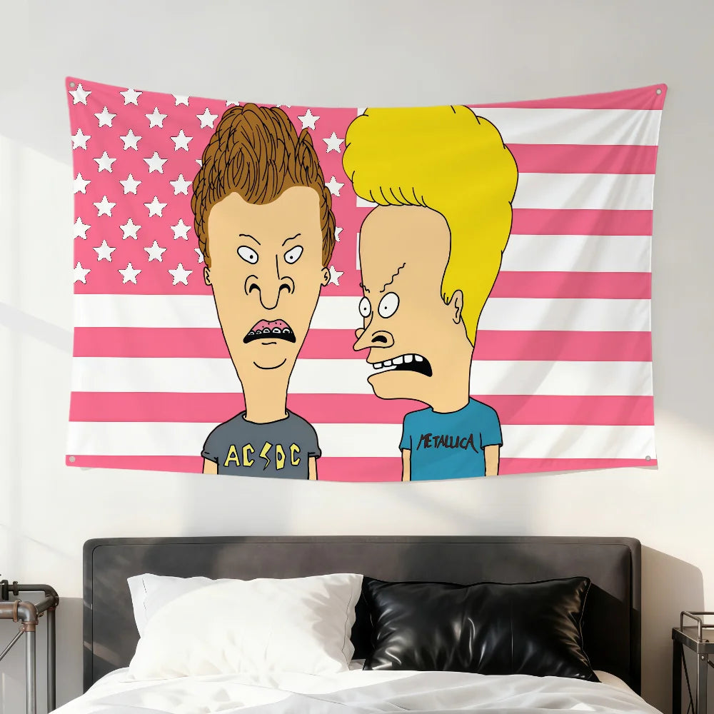 A flag featuring Beavis and Butt-Head characters in a pink and white striped design