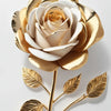 Pintura realista de una rosa blanca rodeada de pétalos y hojas doradas sobre fondo neutro.