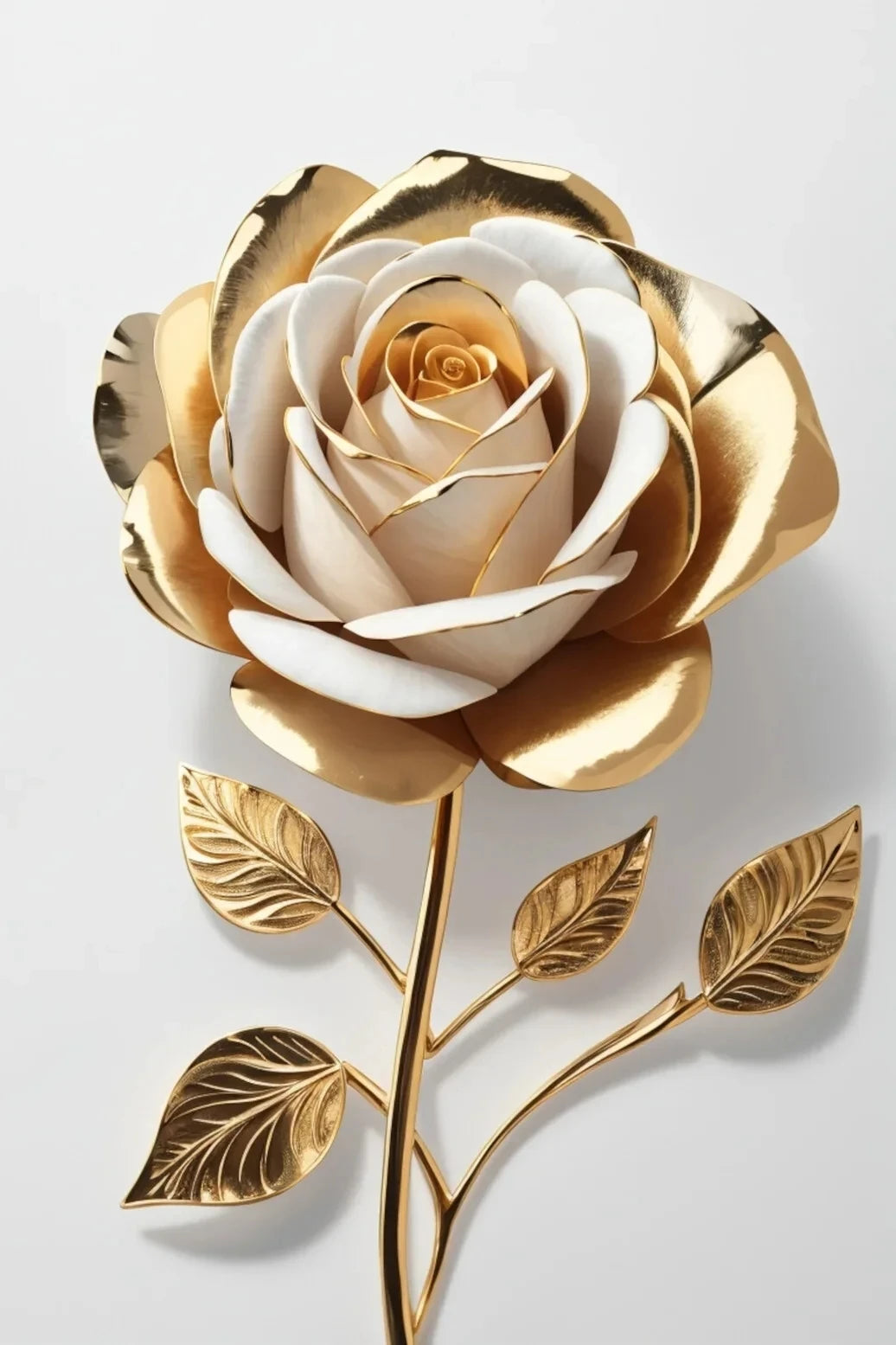 Pintura realista de una rosa blanca rodeada de pétalos y hojas doradas sobre fondo neutro.