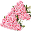 A bouquet of pink velvet artificial roses with green leaves.