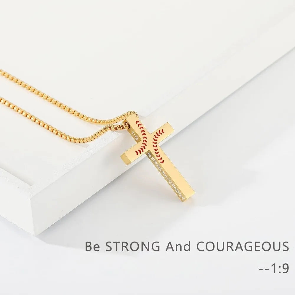 Gold stainless steel cross pendant necklace with a baseball pattern design