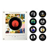 A collection of circular discs featuring portraits and text related to music or celebrities, displayed next to a rectangular 