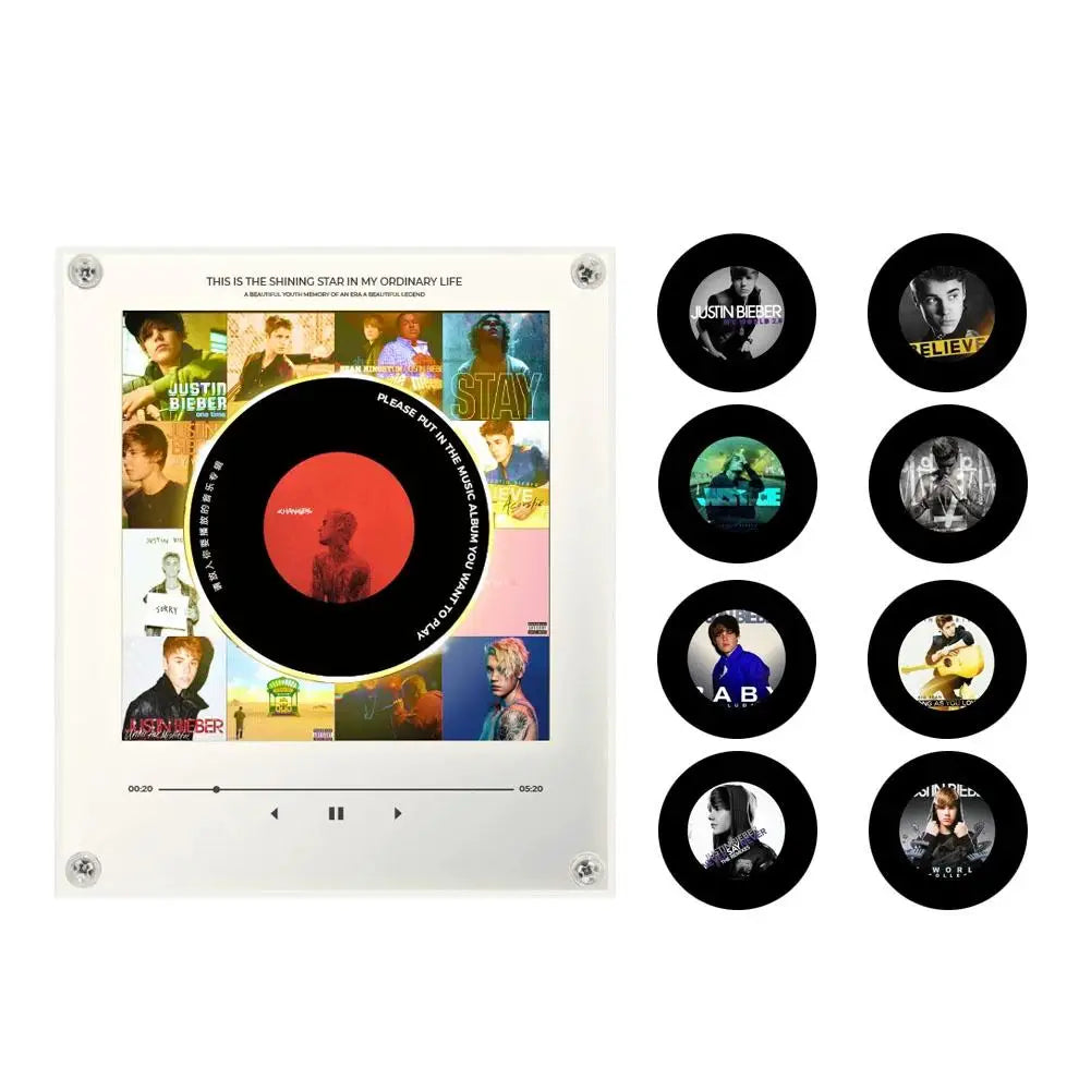 A collection of circular discs featuring portraits and text related to music or celebrities, displayed next to a rectangular 