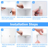 Six steps showing the installation of three wall-mounted corner shelves on a white wall.