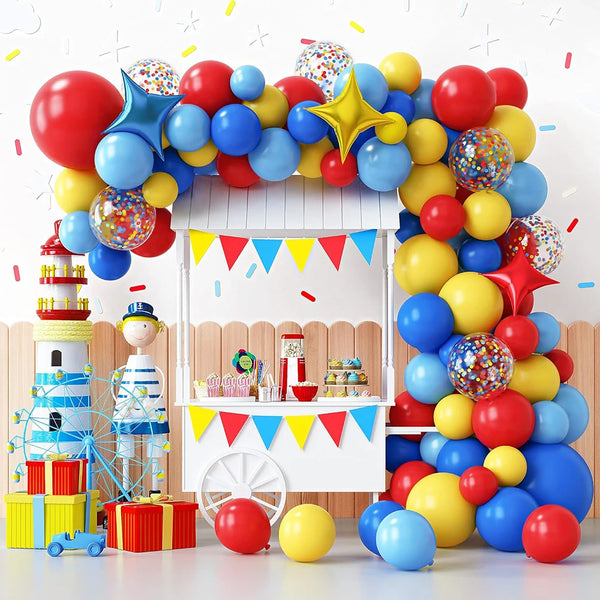 A display of assorted red, yellow, and blue latex party balloons for celebrations.