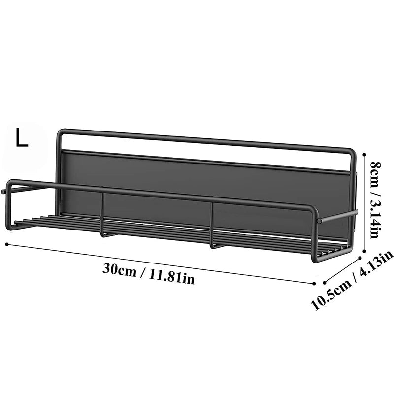 A black magnetic spice rack with a sliding tray for refrigerator storage.