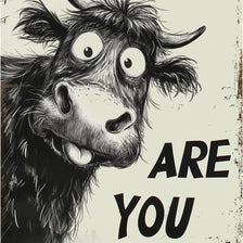 A close-up, humorous illustration of a Highland cow with wide eyes and an open mouth, featuring the text Are You Pooping!
