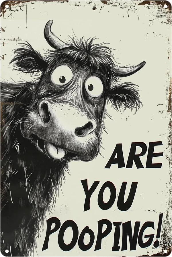 A close-up, humorous illustration of a Highland cow with wide eyes and an open mouth, featuring the text Are You Pooping!