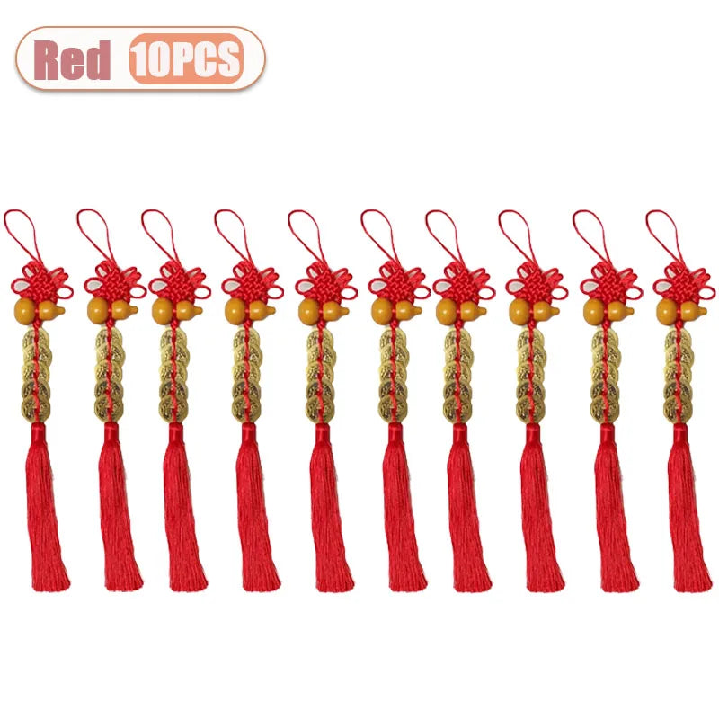 Ten red traditional Chinese knot pendants featuring wooden gourds and copper coins.