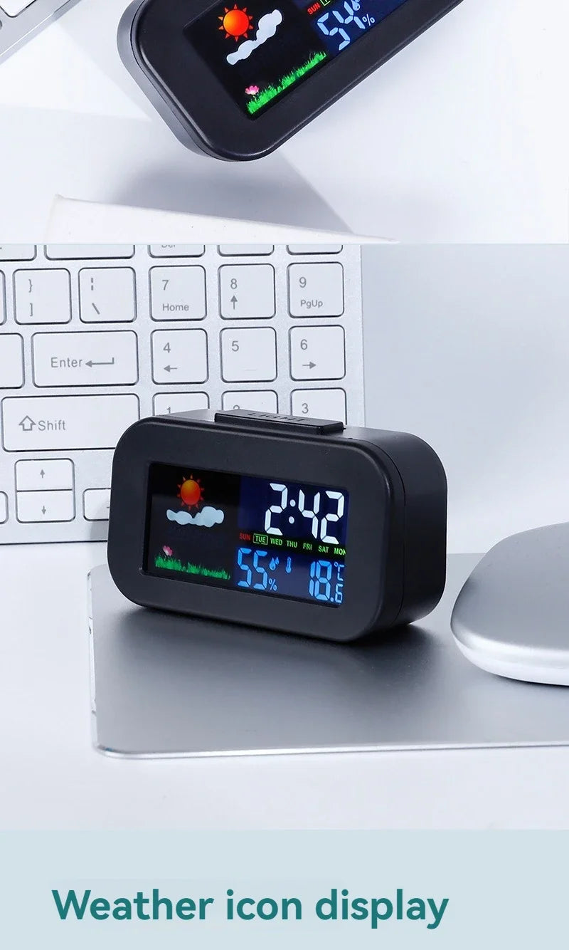 Compact Weather Station Clock with Color Display and Temperature & Humidity Monitor