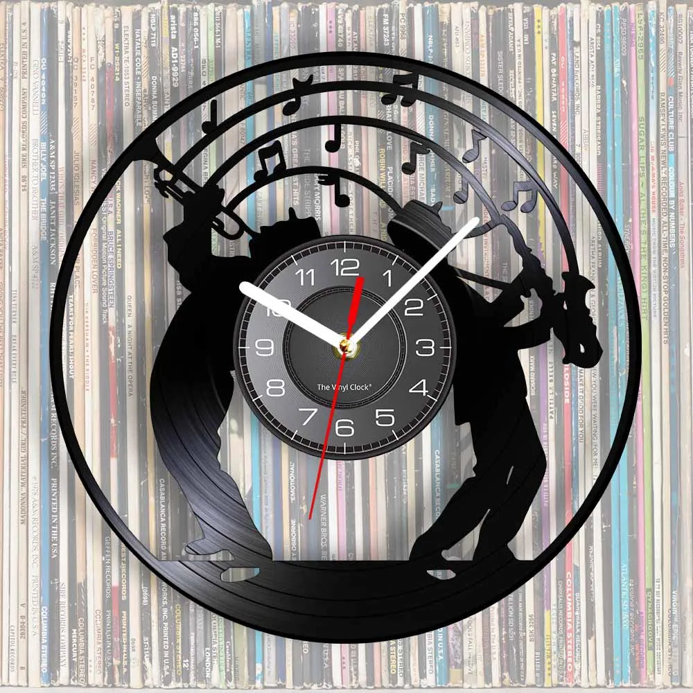 A black wall clock face featuring silhouettes of musicians playing instruments against a background of vinyl records.