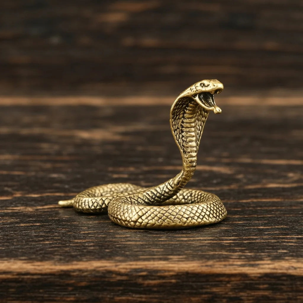 A detailed brass snake sculpture with an Art Deco design resting on a dark wooden surface.