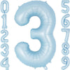 A large light blue foil number balloon shaped like the number 3.