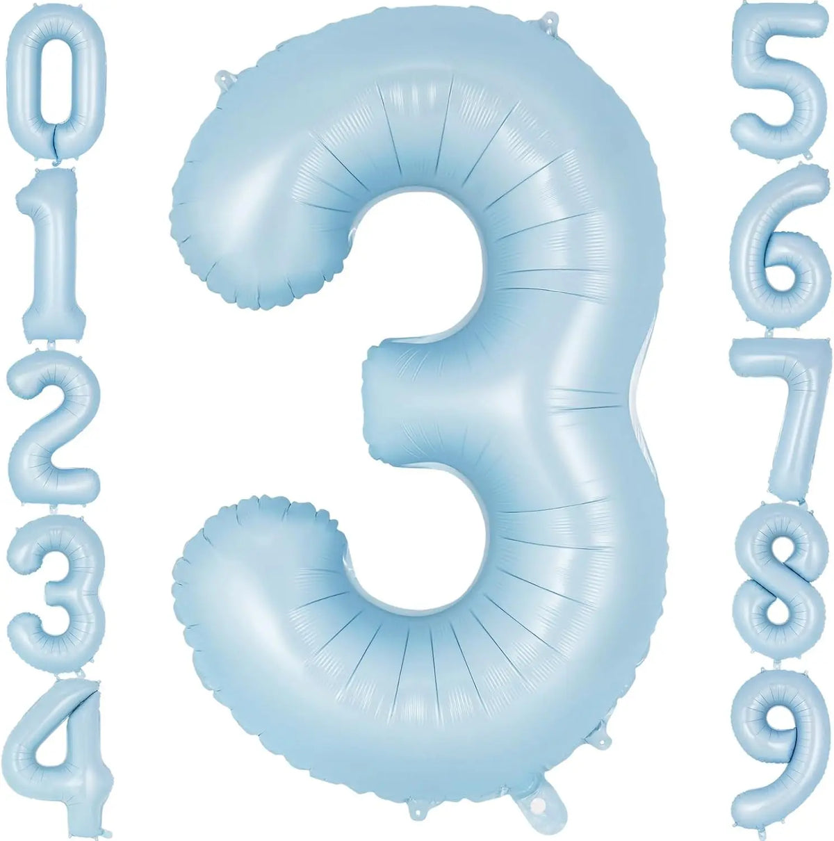 A large light blue foil number balloon shaped like the number 3.