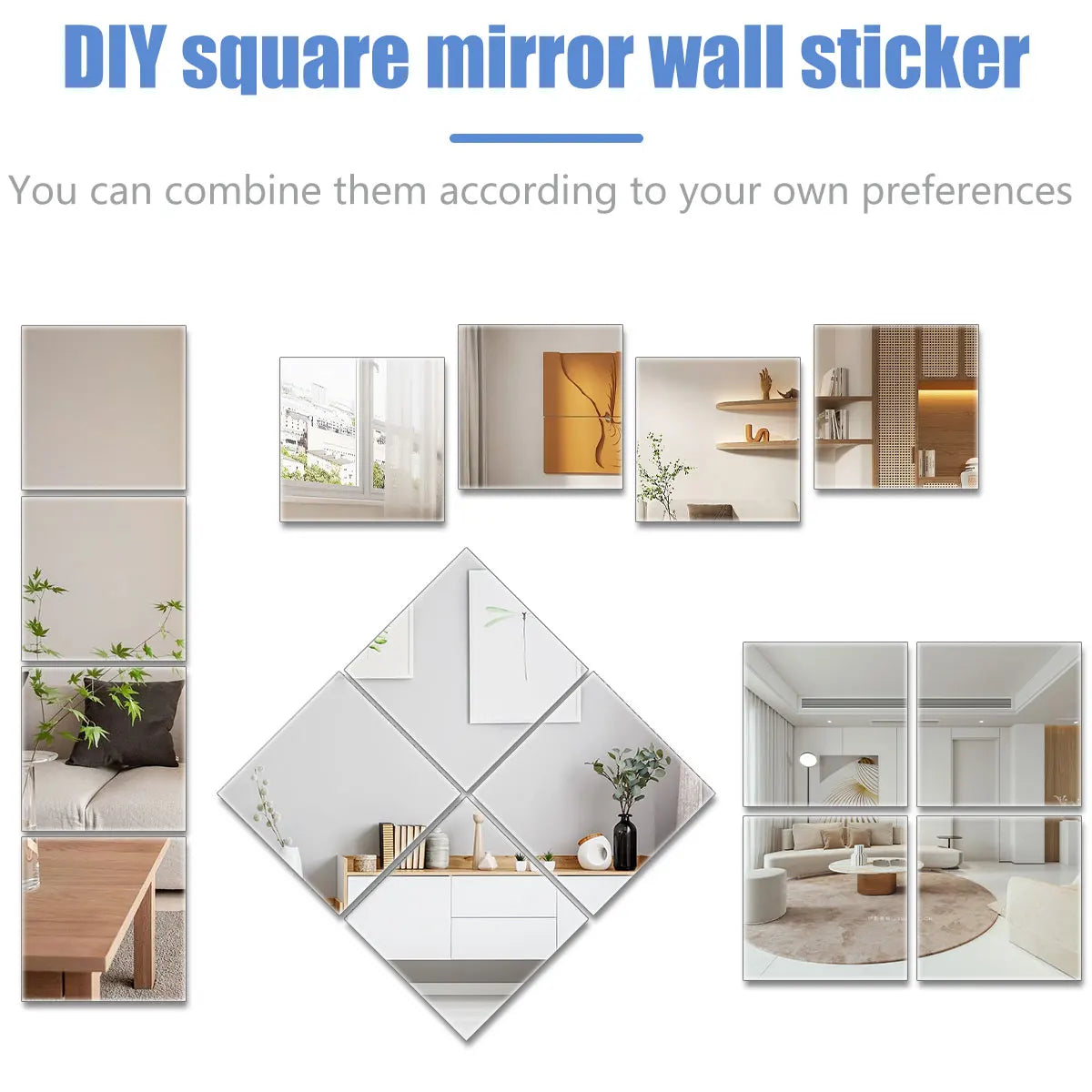 Collection d'autocollants miroirs carrés muraux avec diverses arrangements décoratifs et intérieurs de pièces.
