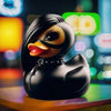A black rubber duck figurine with yellow accents sits on a colorful surface.