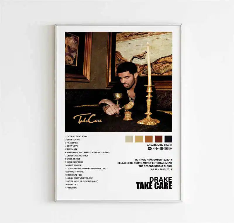 Canvas art poster featuring a portrait of Drake with the title Take Care from the album Drake Her Loss