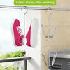 Stainless steel hanging shoe organizer with double hook drying shoes on a clothesline